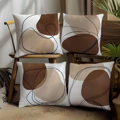 4件套时尚简约现代波西米亚风格抽象棕色几何图案枕套，单面印花，适合客厅和卧室家居装饰，不含枕芯