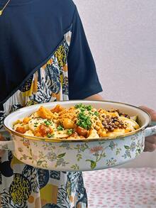 Luxury Persian Style + Complex Colorful Geometric Pattern/Contrasting Edge Trim + Round Shallow Pot Shape + Sturdy Heat-Resistant Handle + Easy To Clean Durable/Preserves Freshness & Warmth + Retro Palace Enamel Pot + Suitable For Holiday Entertaining/Outdoor Picnics & Barbecues/All-Season Kitchen Cooking - View 7