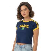 Retro Embroidered Brazilian Flag Crop Top - No State - Navy Blue - View 2