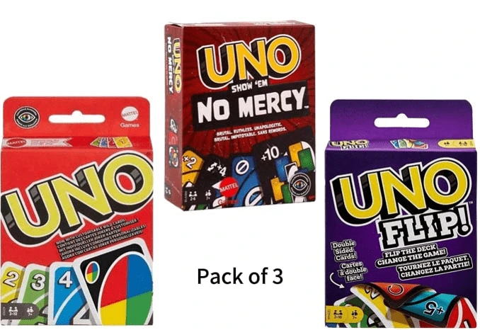 Mattel 美泰出品的“无情UNO”、“UNO”和“翻转卡牌游戏”三款组合套装，适合男孩、女孩和青少年，是流行文化派对游戏收藏品。也是送给游戏玩家的终极生日礼物。