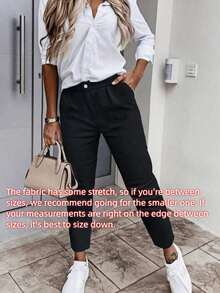 Women's Solid Color Stretch 9-Inch Pants With Pockets, Zipper And Button Closure, Casual Business Style Trousers. Suitable For Women Under 168cm/66 Inches In Height. Spring Black - Black - View 5