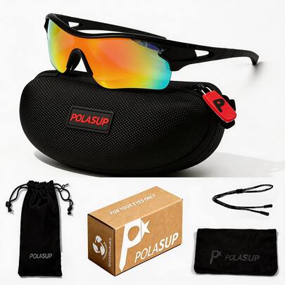  1副POLASUP时尚几何运动骑行半框眼镜，适合骑行、跑步、户外活动，包含硬质眼镜盒、收纳袋、眼镜带和清洁布，男女通用时尚护目镜