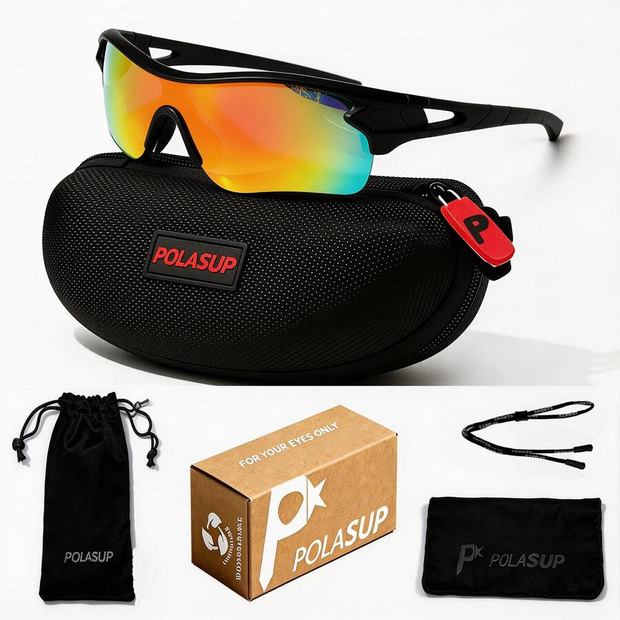 1pc POLASUP Fashion Geometric Sports Cycling Half-Frame Eyeglasses, Suitable For Cycling, Running, Outdoor Activities, Includes Hard Case, Storage Bag, Glasses Strap And Cleaning Cloth, Unisex Stylish Goggles - Multicolor - View 1