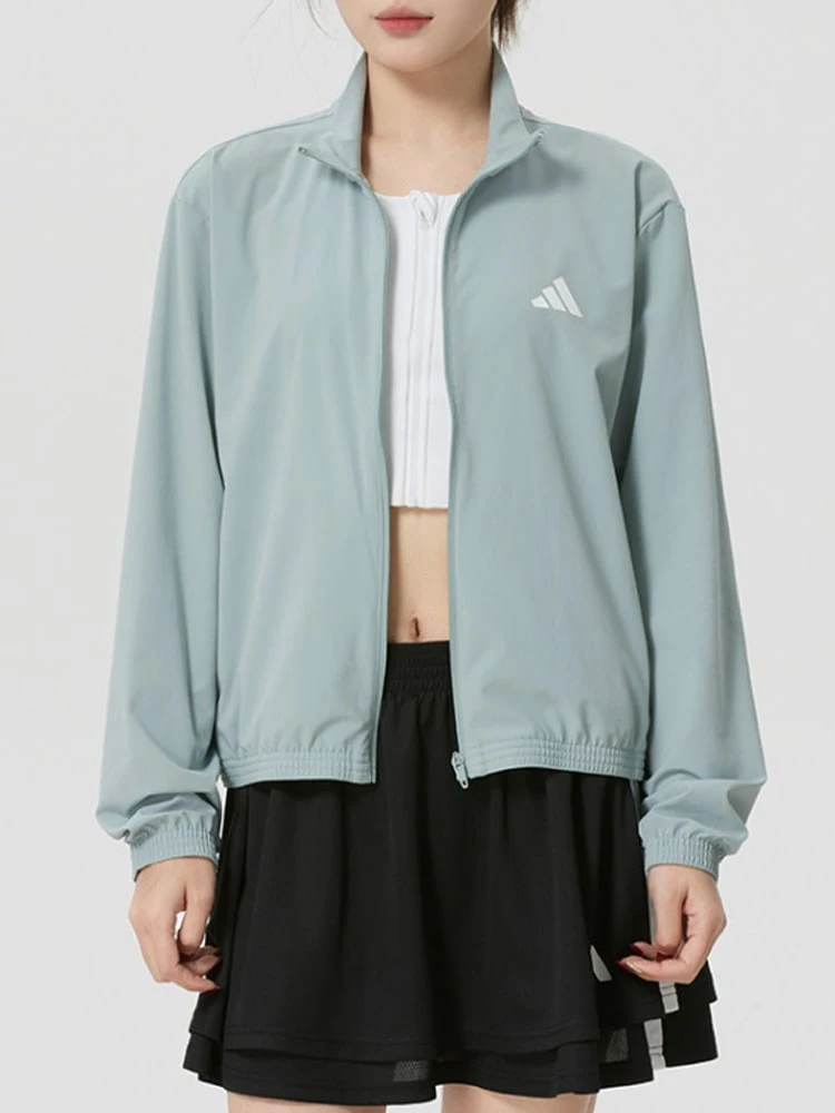 Áo khoác chạy bộ dài tay có mũ, khóa kéo, dáng rộng, ba sọc đặc trưng của adidas dành cho nữ. - xanh chanh - Xem 1