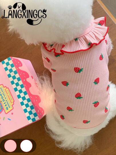  1件 LANGXINGCS 宠物服装，蕾丝草莓可爱狗狗连帽衫，柔软舒适优雅猫咪卫衣，草莓简约粉白宠物上衣，适合中小型猫狗