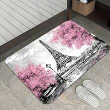 1pc Watercolor Pink Cherry Blossom Eiffel Tower Doormat, Soft Velvet, Bathroom Mat, Bath Rug, Entrance Mat, Small Rug, Carpet, Mat, Home Decor, Area Rug, Outdoor Mat, Home Decor, Area Carpet, Bedroom Carpet, Washable Rug - Beraneka warna - View 4