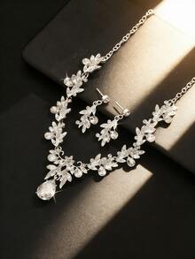 奢华新娘首饰套装，水滴吊坠项链耳环三件套，婚纱配饰 - 銀色 - 查看 3