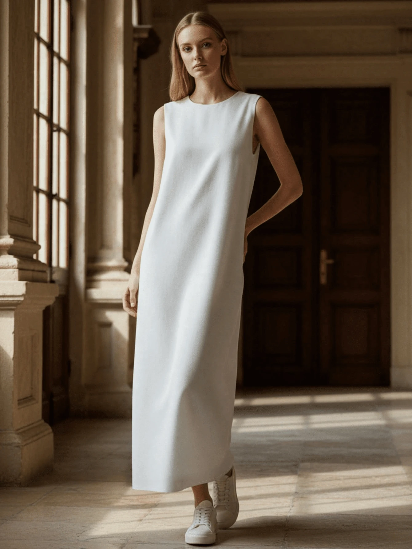 Casual Minimalist Solid Color Round Neck Sleeveless Bodycon Dress Spring White - White - View 1