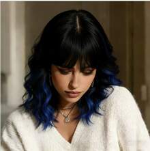 14 Inch Short Curly Wavy Bob Wig With Bangs, Black Base With Royal Blue Peekaboo Ombre Synthetic Wig, Heat Resistant Natural Looking Wig For Women, Daily Wear, Party, Cosplay, Wedding & Halloween - 黑藍漸變 - 查看 4