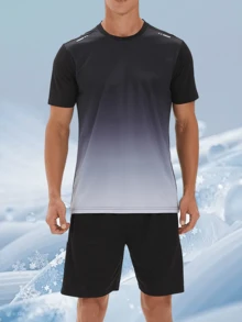 Men's Quick-Drying Tracksuit, Gradient Color Short-Sleeved Shirt, Shorts, T-Shirt, Summer Running, Sports Training, And Fitness Wear. - Grey - View 2