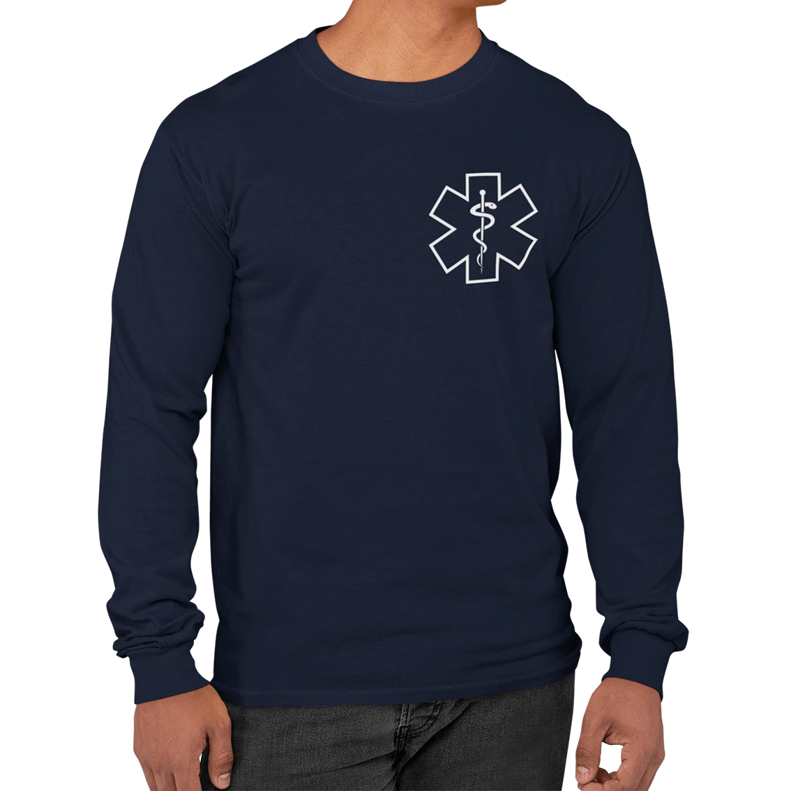 Playera manga larga de algodón de hombre para paramédico con estrella de la vida - Azul Marino - Ver 1