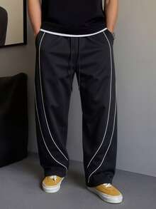 Pantalones casuales sueltos con cintura con cordón y bolsillos a rayas para hombres - Negro - Ver 5