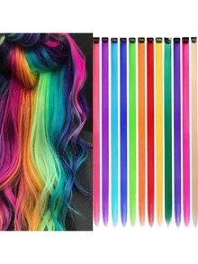 12pcs Colorful Hair Extensions, 22 Inch Straight Clip-In Synthetic Hair Extensions, Rainbow Party Highlights, Suitable For Girls (12 Colors) - Multicolor - View 9