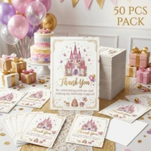 50pcs Pink Castle Princess Birthday Thank You Cards, Magic Theme Party Supplies, Guest Favor Appreciation Small Cards, Gift Box & Bag Matching Stationery Set - Square - View 5