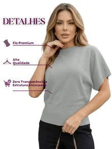 Blusa Tricot Feminina Manga Curta Básica Casual Elegante - Cinza - Visão 5