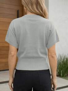 Blusa Tricot Feminina Manga Curta Básica Casual Elegante - Cinza - Visão 6