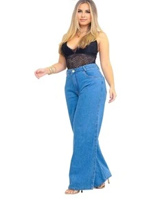 Women's Wide Leg Jeans, Plus Size, High Waist, Without Lycra - Dark Wash - View 3