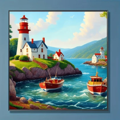 1件装全新湖畔船屋青山风景5D钻石画套装，DIY水晶钻石马赛克艺术品，适合作为手工礼品、客厅卧室装饰，适用于宰牲节、父亲节、母亲节、婚礼、劳动节、复活节、圣诞节、情人节等节日，无框