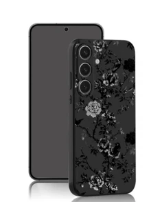 1 pièce Étui de téléphone noir à la mode avec motif de pie et fleur de pivoine, anti-chute et anti-dérapant, compatible avec Galaxy A04e/A05s/A13/A14/A15/A34/A35/A50/A52/A53/A54/S21/S22/S23/S24/S25/S25Ultra/24fe - Noir - Voir 2