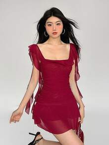 Vestido Rojo Sin Mangas Con Cuello Halter Y Ribete De Volantes De Primavera - Rojo - Ver 1