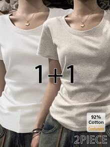 2pcs/Set Kaos Lengan Pendek Motif Bunga Abu-abu + Putih Terbaru Musim Semi/Panas, Kaos Dalam Wanita Slim Fit Warna Polos Kasual - Abu-abu muda + putih - View 1