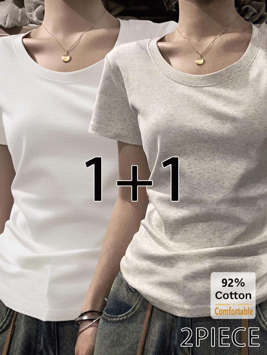 2pcs/Set Kaos Lengan Pendek Motif Bunga Abu-abu + Putih Terbaru Musim Semi/Panas, Kaos Dalam Wanita Slim Fit Warna Polos Kasual - Abu-abu muda + putih - View 1