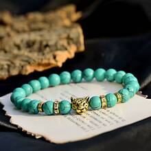 男士时尚朋克风金色豹头手链，蓝色做旧火山熔岩石手链饰品 - 彩色 - 查看 11