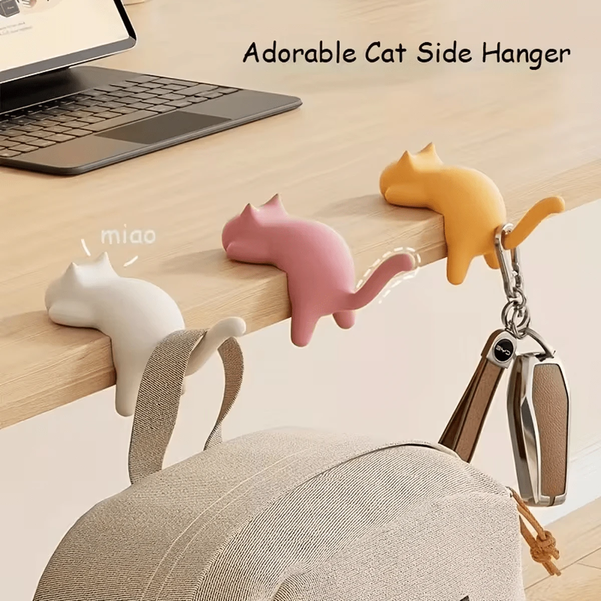 1pc Cute Cat Desk Hook - Adhesive Desktop Storage Organizer, Strong Sticky Animal Hook For Home/Office/Dorm, Plastic Bag Hanger, Space-Saving Decor For Keys, Towels, Bags - Perfect For Students & Cat Lovers, Durable & Functional Accessory