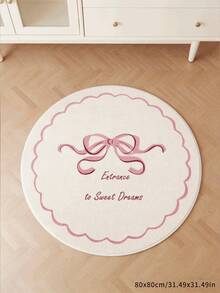 1 pieza Alfombra redonda con lazo de color crema, Alfombra redonda elegante de estilo francés crema, Alfombra decorativa, Alfombra de piso, Alfombra de cuna, Adecuada para sala de estar, dormitorio, estudio, decoración cálida del hogar, Diseño suave y antiensuciamiento, Con lazo azul claro como elemento principal, Combinado con bordes ondulados y un suave eslogan en inglés, Adecuado para dormitorios de color crema, área de mesita de noche femenina y otras escenas - Multicolor - Ver 4