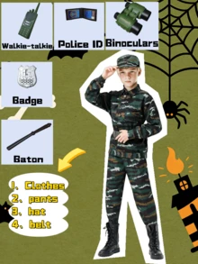 兒童軍裝制服 男童女童適用，含軍事玩具，萬聖節生日派對角色扮演士兵服裝套裝 - 彩色 - 查看 4
