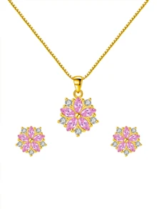 S925 Sterling Silver Sakura Flower Earrings & Necklace Set, Cubic Zirconia Inlaid Delicate Jewelry Gift Box - Multicolor - View 1