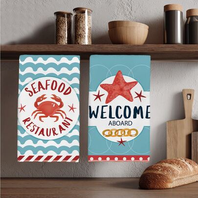 2pcs Summer Minimalist Ocean Wave & Crab Pattern Kitchen Towels, Soft Polyester Material Dish Cloths, Suitable For Kitchen Decor, Cleaning, Holiday Party Decoration, Kitchen & Bathroom Essentials, Home Decor, Housewarming Gift