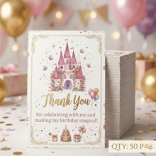 50pcs Pink Castle Princess Birthday Thank You Cards, Magic Theme Party Supplies, Guest Favor Appreciation Small Cards, Gift Box & Bag Matching Stationery Set - Square - View 2