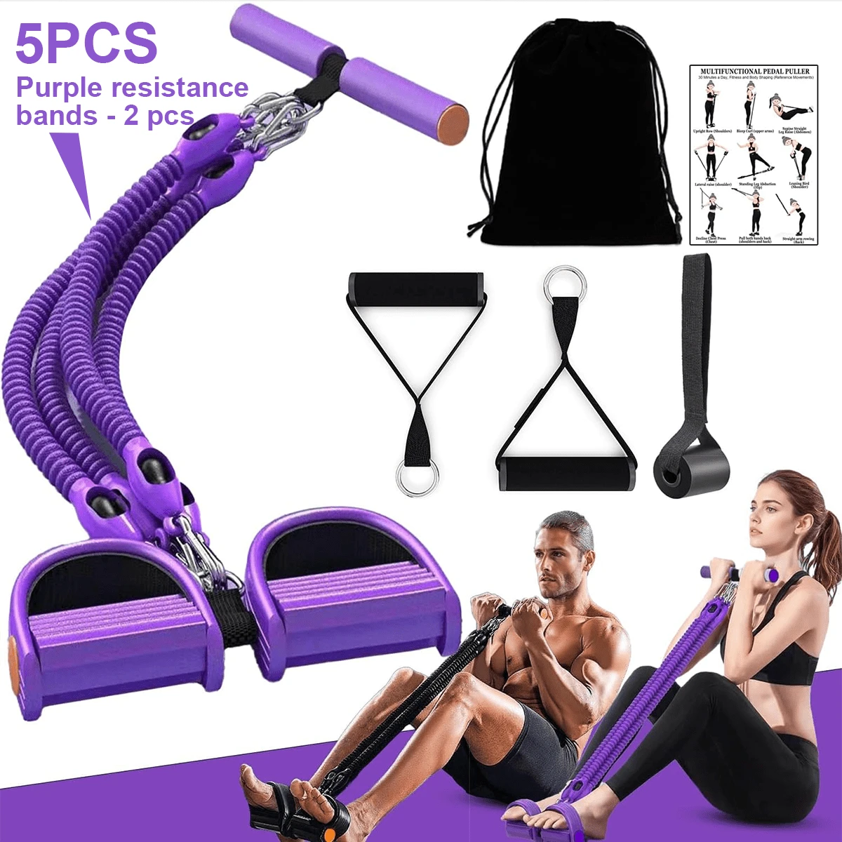 Foot Pedal Resistance Band, Adjustable Pedal Ankle Puller Resistance Band With Handle, Multifunction Home Gym Equipment, Stirrup Puller For Men Women For Full Body Exercise - Purple - View 1