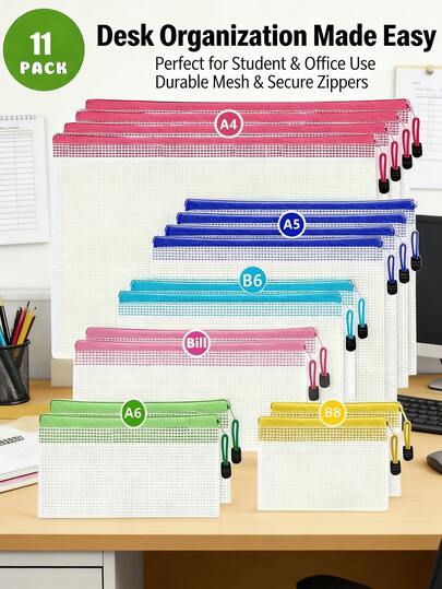 11pcs/Set, 6 Colors PVC Transparent Grid Zipper Bags, Waterproof & Durable, Multi-Size Options, Smooth Zipper For Organizing, Clear View For Easy Access, Suitable For Student Papers, Office Documents, Travel Cosmetics, Back To School Essential Multi-Function Transparent File Bags