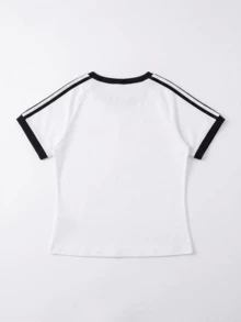 女士Y2K风格黑白条纹短袖T恤，夏季修身露脐性感休闲上衣 - 白色 - 查看 4