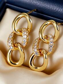 Women's Gold-Plated Chain Hoop Earrings, Fully Embedded With Zirconia Stones, Minimalist Elegant Style, Suitable For Daily Commute And Workwear, An Ideal Gift For Fashion Enthusiasts - Gold - View 1
