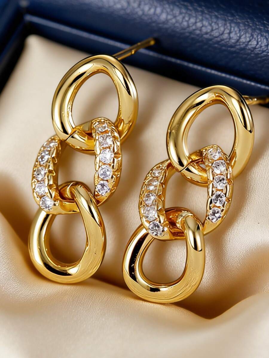 Women's Gold-Plated Chain Hoop Earrings, Fully Embedded With Zirconia Stones, Minimalist Elegant Style, Suitable For Daily Commute And Workwear, An Ideal Gift For Fashion Enthusiasts - Gold - View 1