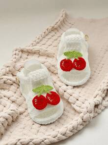 1 Pair Handmade Crochet Infant Sandals, White With Red Cherry Decor, Soft Knitted Booties - White - View 3