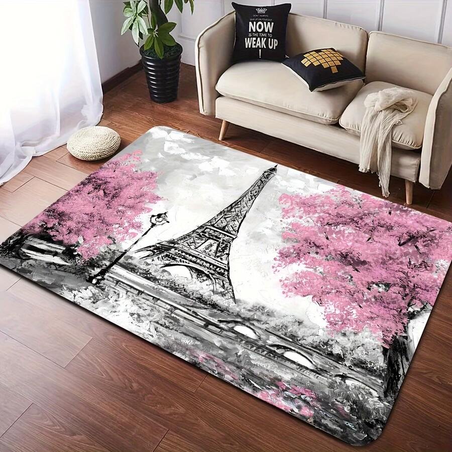 1pc Watercolor Pink Cherry Blossom Eiffel Tower Doormat, Soft Velvet, Bathroom Mat, Bath Rug, Entrance Mat, Small Rug, Carpet, Mat, Home Decor, Area Rug, Outdoor Mat, Home Decor, Area Carpet, Bedroom Carpet, Washable Rug - Beraneka warna - View 1