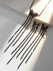 Elegante conjunto de joyería con mariposa, borla y cristal, collar + pendientes largos colgantes, accesorios de lujo para fiestas - Negro - Ver 3