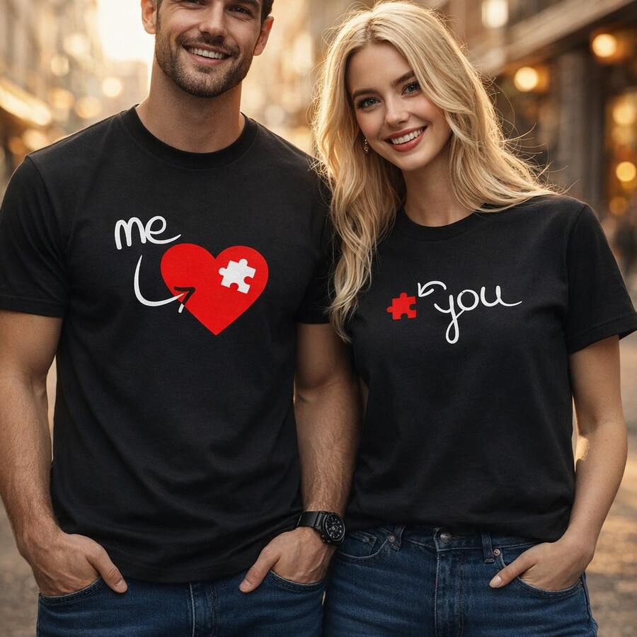 Camiseta de pareja para la conciencia sobre el autismo, con diseño de piezas de rompecabezas de corazón "Yo y tú", camisetas a juego para uso diario, regalos de cumpleaños, regalos de Halloween o como camiseta conmemorativa para amigos o seres queridos. También adecuada como suéter. Entrega rápida. - Mujer oscura - Ver 1