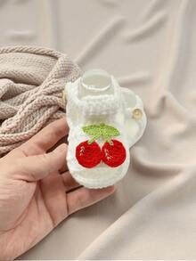 1 Pair Handmade Crochet Infant Sandals, White With Red Cherry Decor, Soft Knitted Booties - White - View 2