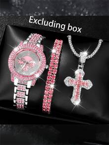 3pcs/Set Fashionable Round Design Versatile Luxury Women's Watch Set, Elegant Business Style - Pink - View 6