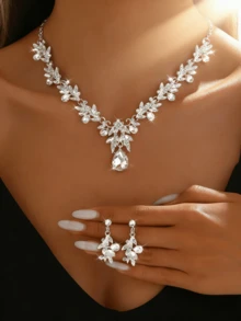 奢华新娘首饰套装，水滴吊坠项链耳环三件套，婚纱配饰 - 銀色 - 查看 4