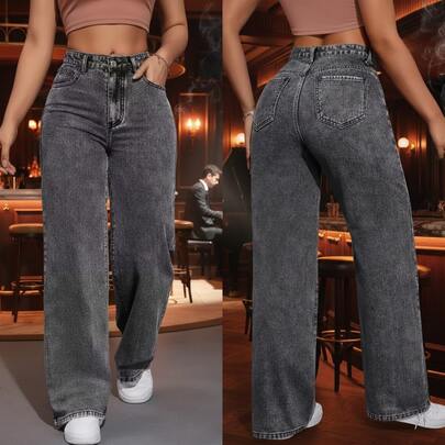 Calça Jeans Grafite  Feminina Wide Leg PantalonaPlus Size Cintura alta  sem Laycra