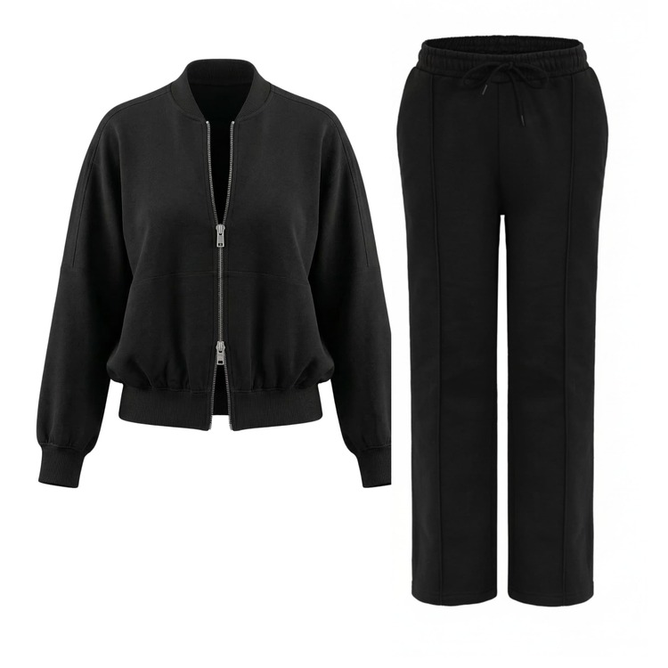 Absanoh Women Interlock 2Pc Double Zip Tracksuit Set, Jacket And Trouser, Long Sleeves Bomber Jacket And Straight Leg Pants, Perfect For All Seasons, Top Set - Black - View 7