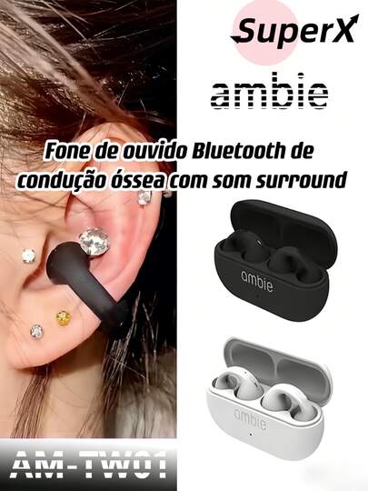 Fone de Ouvido Bluetooth Ambie AM-TW01 Condução Óssea Orelha Aberta Clip-On Sem Fio TWS Esportivo Som Surround