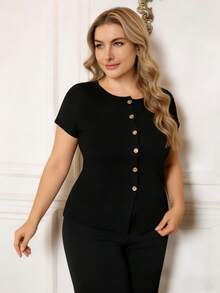 Áo khoác cardigan dệt kim mới dành cho nữ cỡ lớn, phù hợp cho mùa xuân và mùa hè, phong cách tối giản thanh lịch thường ngày, tay ngắn với cúc kim loại, áo len màu đen trơn thời trang dành cho công sở, áo khoác cardigan dệt kim tay ngắn ôm dáng màu đen với khóa kim loại. - màu đen - Xem 8
