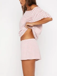 Women Summer Pajama Set Solid Color Off Shoulder Short Sleeve Tops And Mini Shorts 2 Piece Lounge Outfit - Pink - View 3